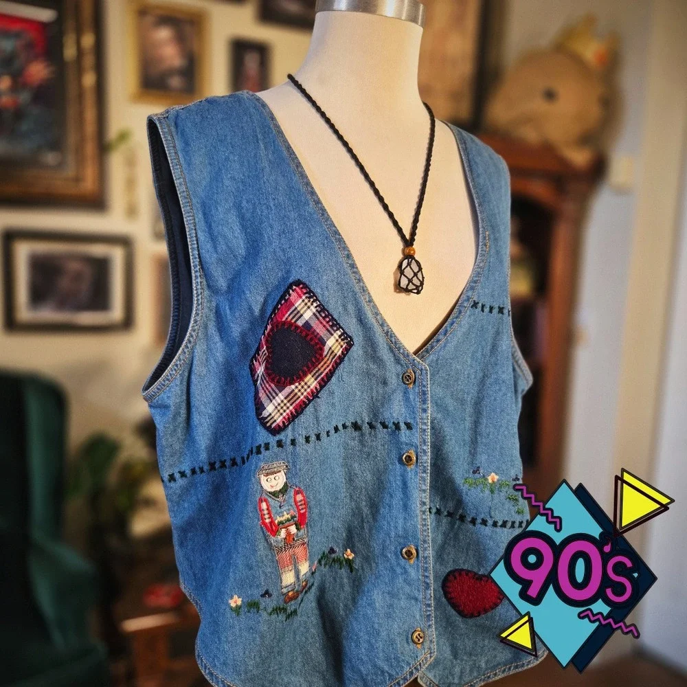 Talk of America Denim Vest Vintage 90s‎ Embroidered Patchwork Country Boho Large